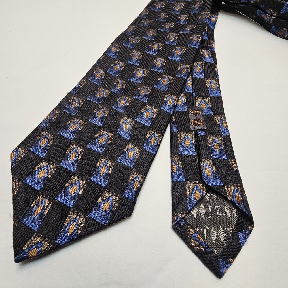 JZ Richards Double Black Neck Tie Gold Blue Geometric Handmade Silk Made USA
